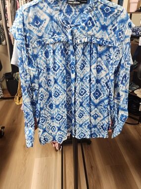 Tolani Blue and White Ikat Print Long Sleeve Blouse